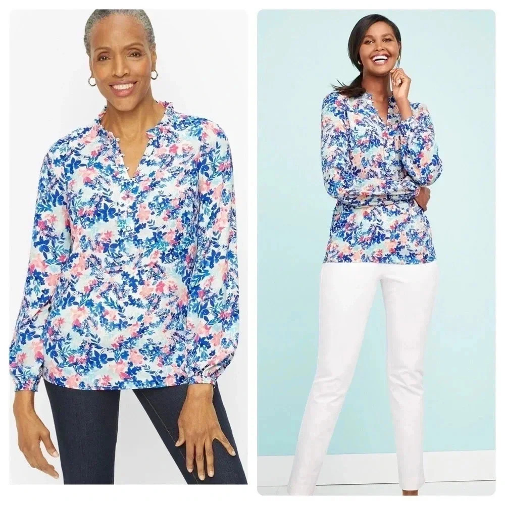 TALBOTS | Ruffle Trim Popover - Leafy Garden Blouse Size XL (NWOT)